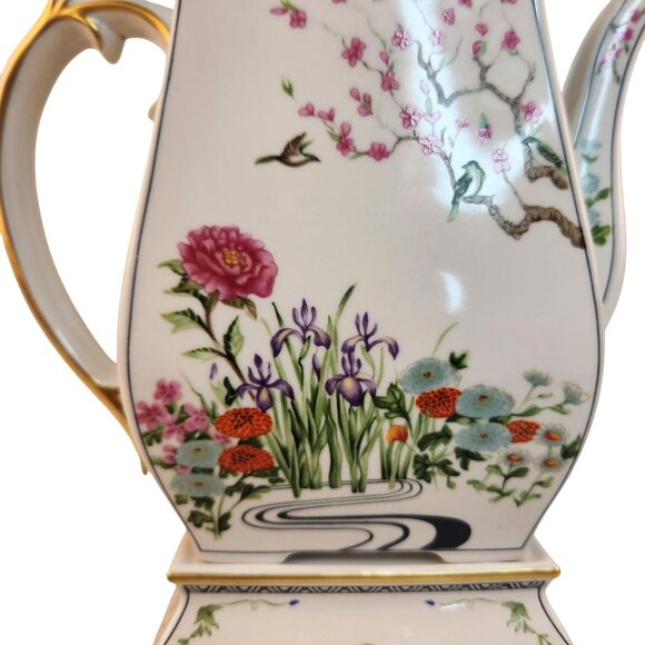 Franklin Mint 1992 Porcelain Teapot Japanese Ikebana Floral Bird Design Square S - Picture 12 of 15
